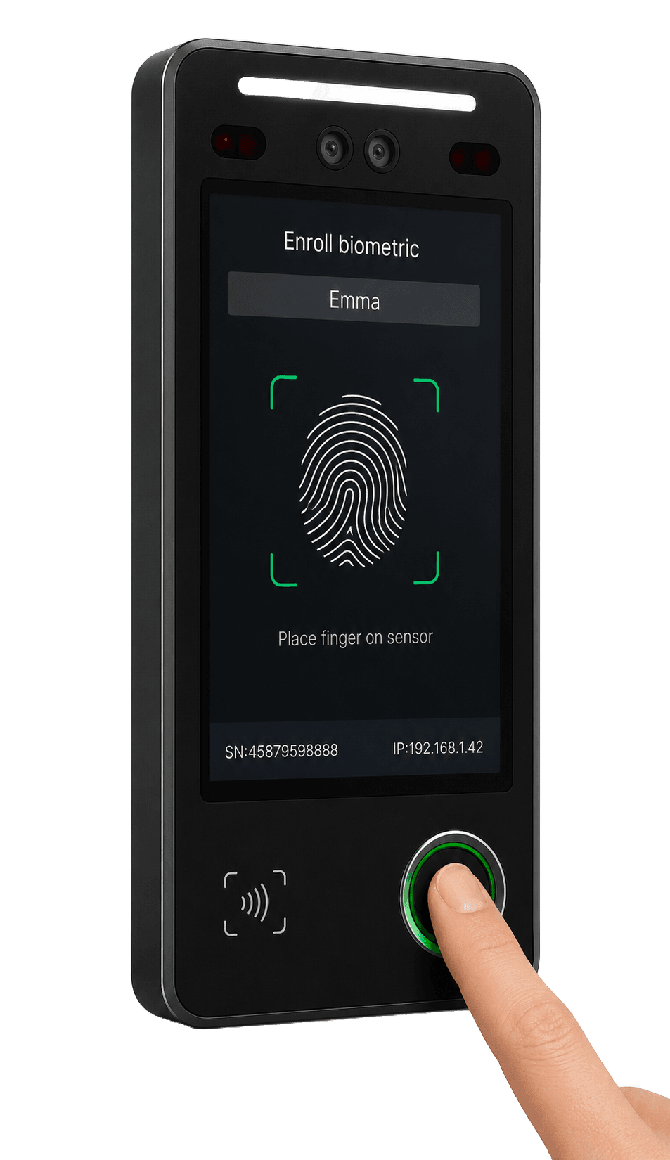 Medewerker registreert vingerafdruk op de SnelScan-terminal